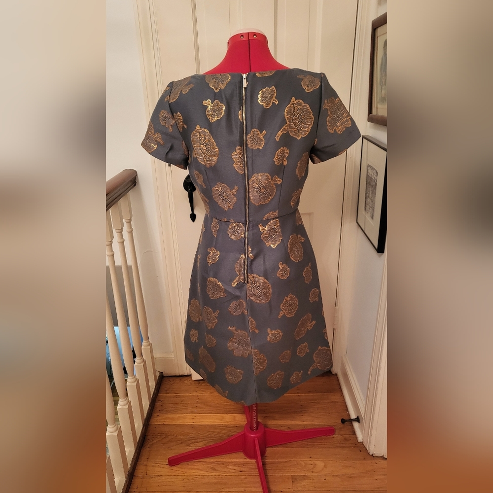 NWOT Ann Taylor Graphite (Gray/Green-Blue) Brocade Dress Gold Floral Sz 4 - Picture 7 of 8